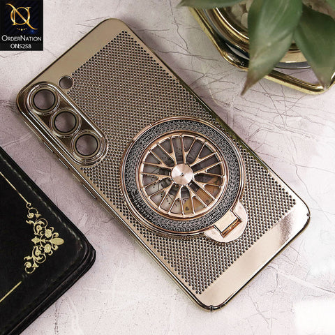 Samsung Galaxy S23 5G Cover - Golden - New Breathing Mesh Hard Shell Protective Case With Spin Rotating Wheel Kickstand Holder