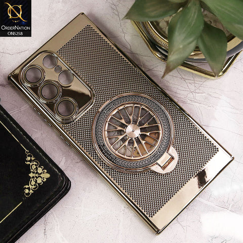 Samsung Galaxy S24 Ultra Cover - Golden - New Breathing Mesh Hard Shell Protective Case With Spin Rotating Wheel Kickstand Holder