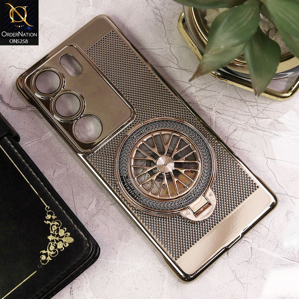 Vivo S17 Cover - Golden - New Breathing Mesh Hard Shell Protective Case With Spin Rotating Wheel Kickstand Holder