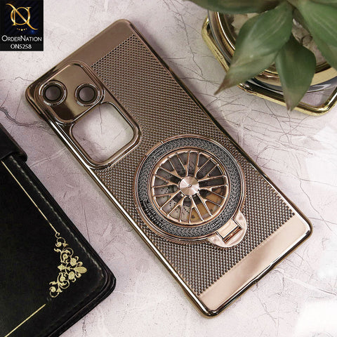 Vivo V30 Cover - Golden - New Breathing Mesh Hard Shell Protective Case With Spin Rotating Wheel Kickstand Holder