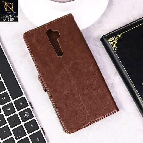 Oppo A5 2020 Cover - Brown - Premium PU Leather Magnetic Flip Book Card Slots Wallet Soft Case
