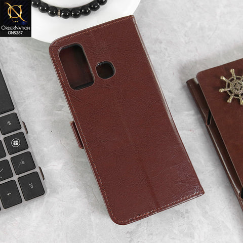 Tecno Camon 15 Cover - Brown -  Premium PU Leather Magnetic Flip Book Card Slots Wallet Soft Case