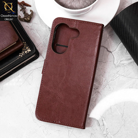 Tecno Camon 20 Pro Cover - Brown - Premium PU Leather Magnetic Flip Book Card Slots Wallet Soft Case