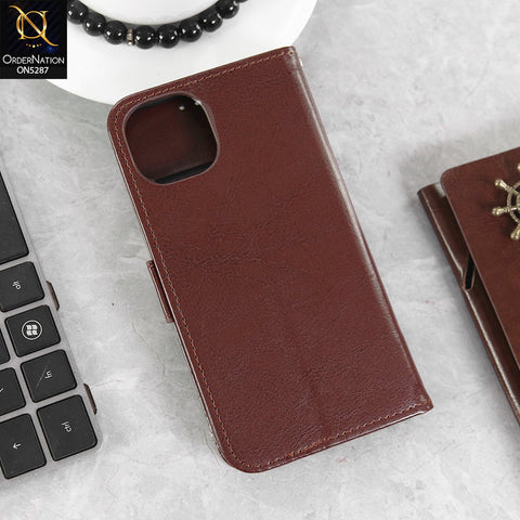 iPhone 14 Cover - Brown -  Premium PU Leather Magnetic Flip Book Card Slots Wallet Soft Case