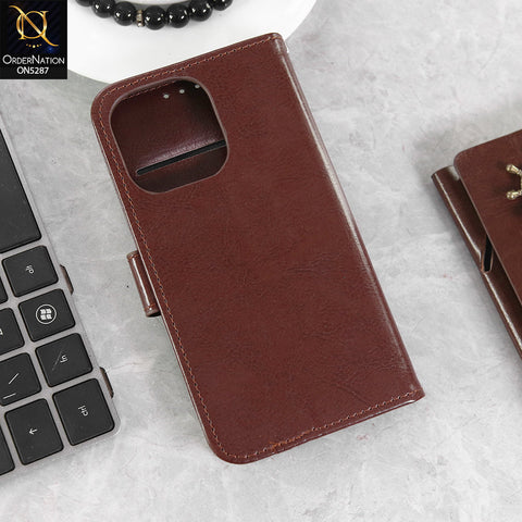 iPhone 14 Pro Cover - Brown -  Premium PU Leather Magnetic Flip Book Card Slots Wallet Soft Case