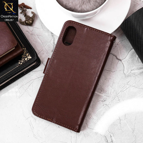 iPhone XS / X Cover - Brown - Premium PU Leather Magnetic Flip Book Card Slots Wallet Soft Case