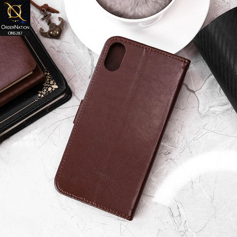 iPhone XS Max Cover - Brown - Premium PU Leather Magnetic Flip Book Card Slots Wallet Soft Case