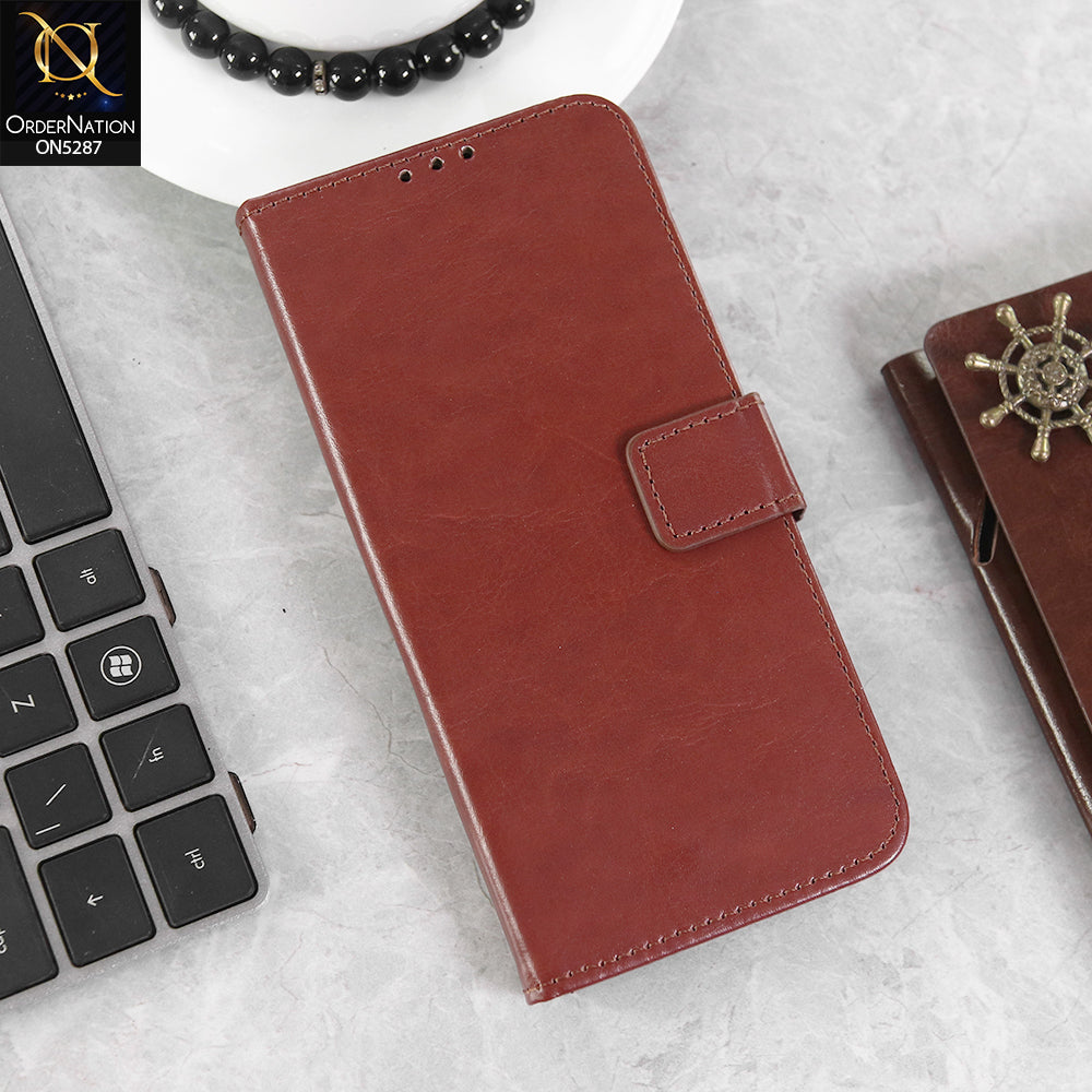 Oppo A15s Cover - Brown -  Premium PU Leather Magnetic Flip Book Card Slots Wallet Soft Case