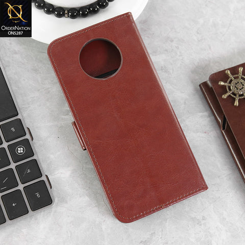 OnePlus 7T Cover - Brown -  Premium PU Leather Magnetic Flip Book Card Slots Wallet Soft Case