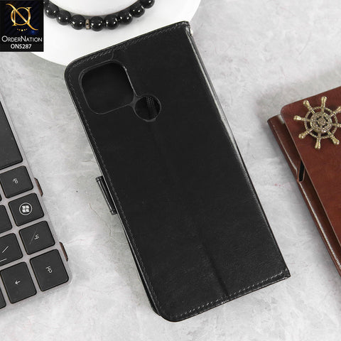 Oppo A15s Cover - Black -  Premium PU Leather Magnetic Flip Book Card Slots Wallet Soft Case