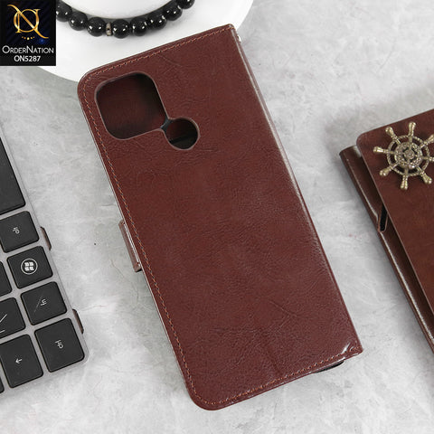 Oppo A35 Cover - Brown -  Premium PU Leather Magnetic Flip Book Card Slots Wallet Soft Case