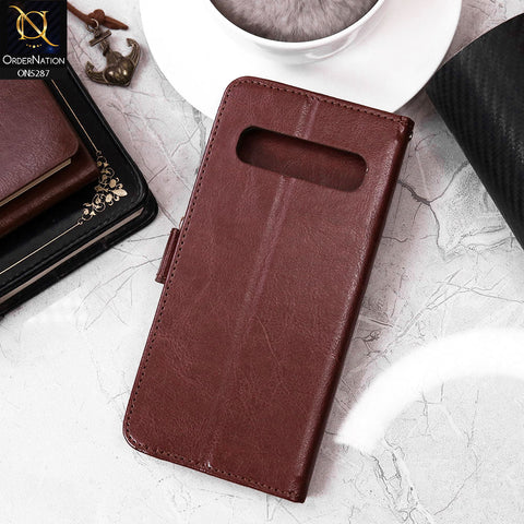Samsung Galaxy S10 5G Cover - Brown - Premium PU Leather Magnetic Flip Book Card Slots Wallet Soft Case