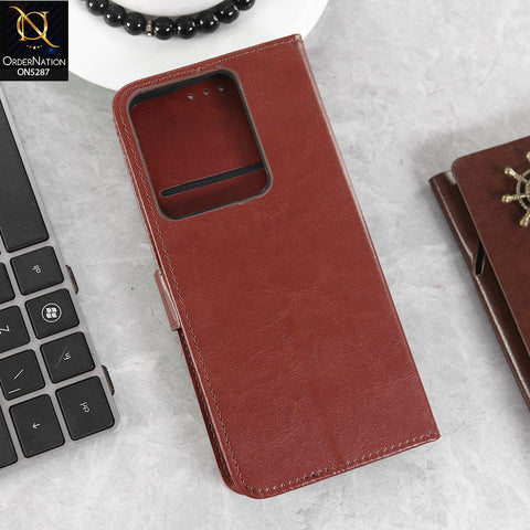 Vivo Y27s Cover - Brown -  Premium PU Leather Magnetic Flip Book Card Slots Wallet Soft Case