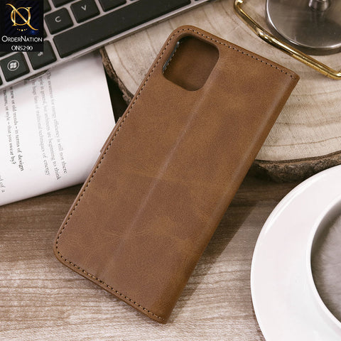 iPhone 12 Pro Cover - Light Brown - Premium Business Series Magnetic Leather Wallet Flip book Card Slots Soft Case