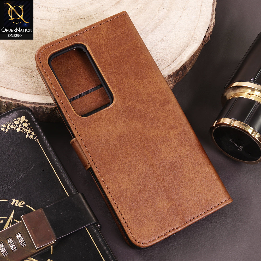 Oppo A5 4G Cover - Light Brown - Premium Business Series Magnetic Leather Wallet Flip book Card Slots Soft Case