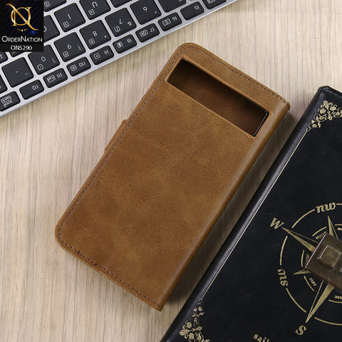 Google Pixel 6a Cover - Light Brown - Premium Business Series Magnetic Leather Wallet Flip book Card Slots Soft Case