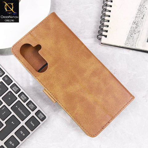 Samsung Galaxy F17 Cover - Light Brown - Premium Business Series Magnetic Leather Wallet Flip book Card Slots Soft Case