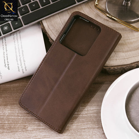 Tecno Pop 7 Pro Cover - Dark Brown - Premium Business Series Magnetic Leather Wallet Flip book Card Slots Soft Case