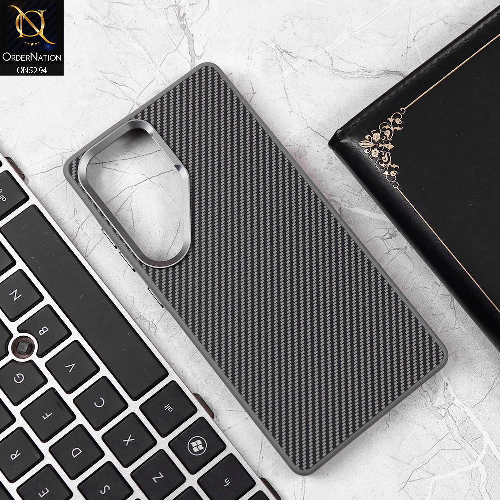 Samsung Galaxy S25 Ultra Cover - Gray - Carbon Fiber Design Metal Camera Ring Style Soft Border Case