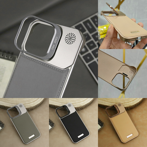 iPhone 16 Pro Max Cover - Black - Luxury Rimless Aluminum Metal Leather Back With Camera Stand Case