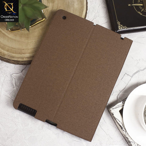 iPad 4 / 3 / 2 - 9.7-inch Cover - Brown - Octo PU Leather Fabric Texture Bifold Stand Flip Book Soft Case