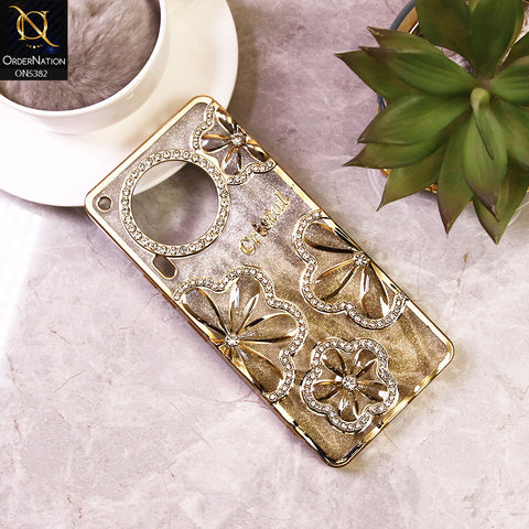 Tecno Camon 30 - Golden -  Elegant Crystal Rhinestones Flower Dual Tone Glitter Shine Case (Glitter Does not Move)
