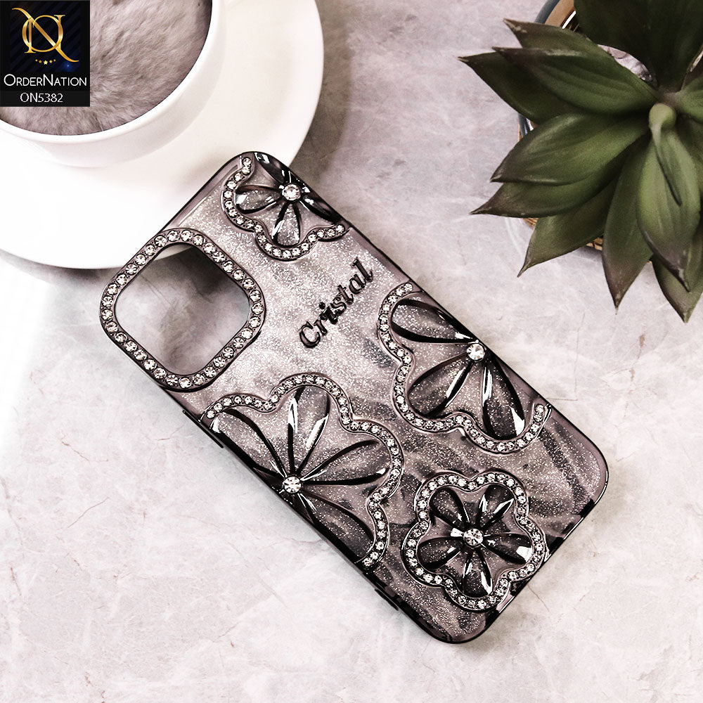 iPhone 16 Pro Max Cover - Black -  Elegant Crystal Rhinestones Flower Dual Tone Glitter Shine Case (Glitter Does not Move)