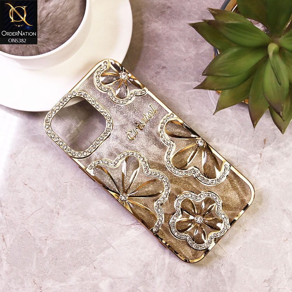 iPhone 14 Pro Max Cover - Golden -  Elegant Crystal Rhinestones Flower Dual Tone Glitter Shine Case (Glitter Does not Move)