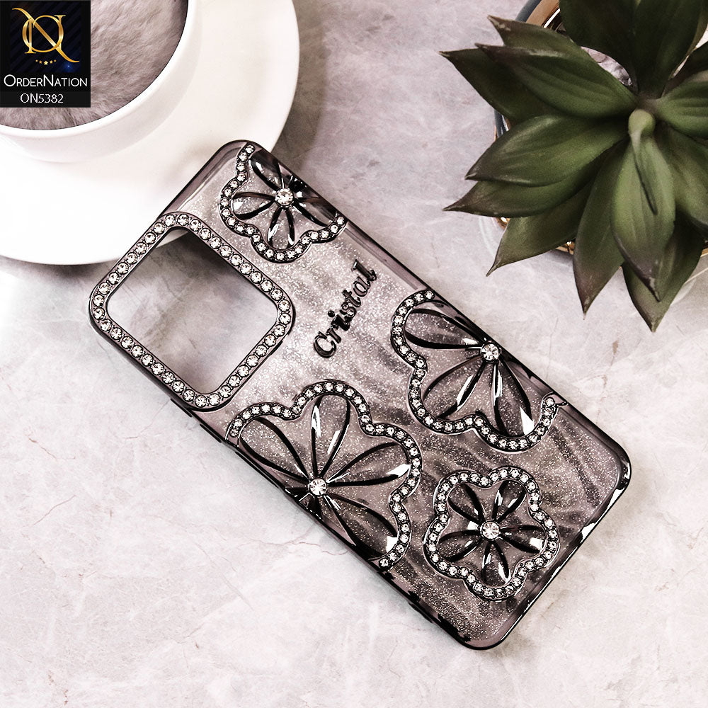Xiaomi Redmi 13C - Black -  Elegant Crystal Rhinestones Flower Dual Tone Glitter Shine Case (Glitter Does not Move)
