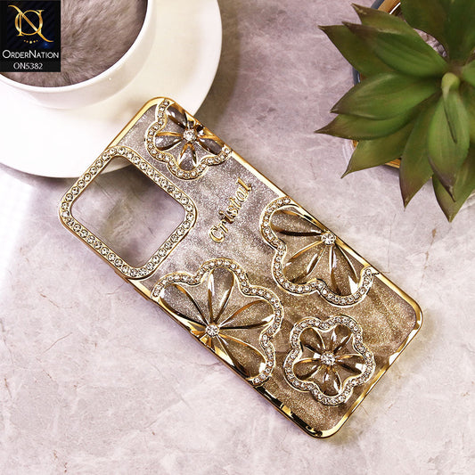 Xiaomi Poco C65 - Golden - Elegant Crystal Rhinestones Flower Dual Tone Glitter Shine Case (Glitter Does not Move)