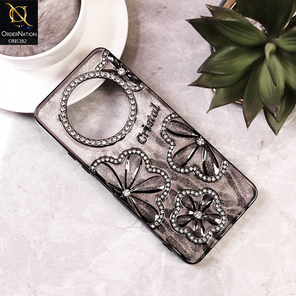 Xiaomi Redmi A3 - Black -  Elegant Crystal Rhinestones Flower Dual Tone Glitter Shine Case (Glitter Does not Move)