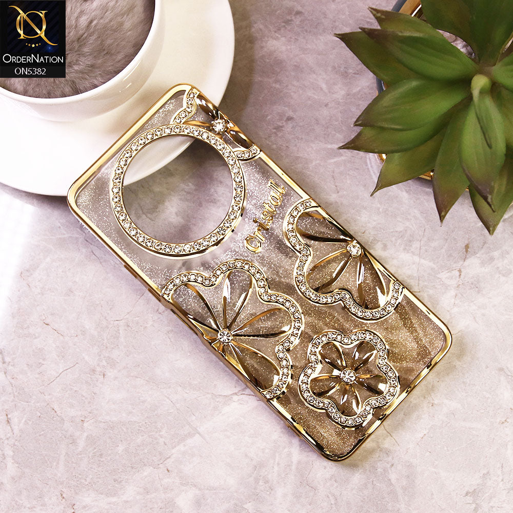 Xiaomi Redmi A3x - Golden -  Elegant Crystal Rhinestones Flower Dual Tone Glitter Shine Case (Glitter Does not Move)