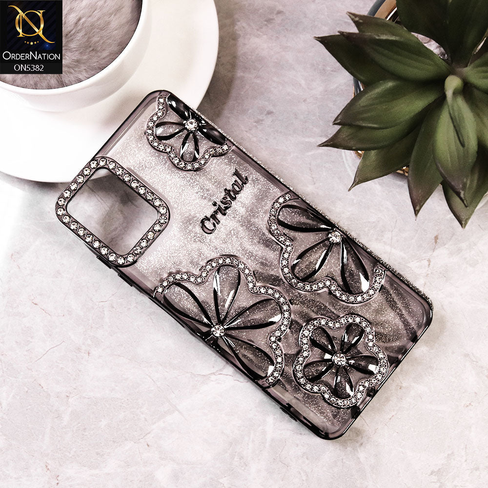 Samsung Galaxy A06 - Black -  Elegant Crystal Rhinestones Flower Dual Tone Glitter Shine Case (Glitter Does not Move)