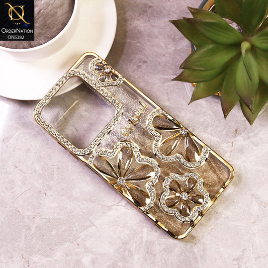 Tecno Spark 20 - Golden -  Elegant Crystal Rhinestones Flower Dual Tone Glitter Shine Case (Glitter Does not Move)