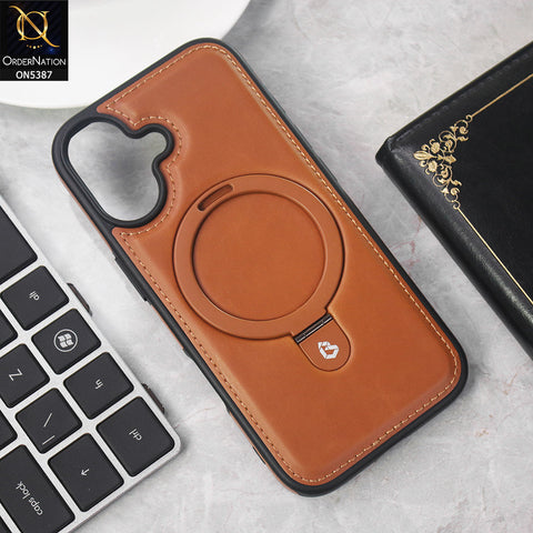 iPhone 17 Cover - Brown -  Luxury Leather Case Supports Magsafe Wireless Charging, Kickstand Bracket Holder Soft Border Case