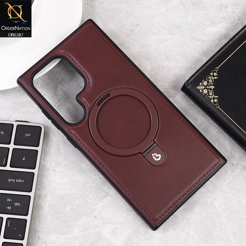 Samsung Galaxy S23 Ultra 5G Cover - Maroon - Luxury Leather Case Supports Magsafe Wireless Charging, Kickstand Bracket Holder Soft Border Case
