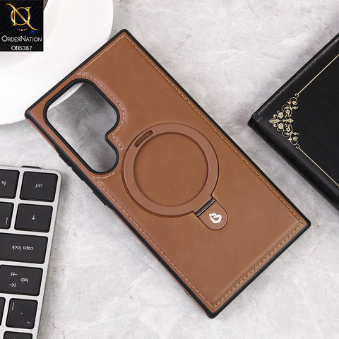 Samsung Galaxy S24 Ultra Cover - Brown - Luxury Leather Case Supports Magsafe Wireless Charging, Kickstand Bracket Holder Soft Border Case