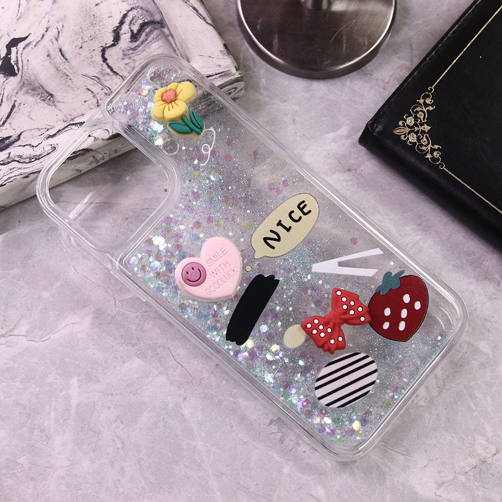 iPhone 13 Pro Max Cover - Design4 - Cute 3D Cartoon (Moving Glitters) Transparent Soft Case