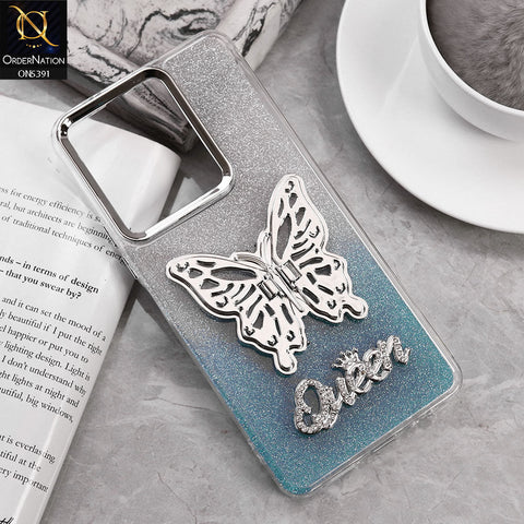 Oppo A3x 4G Cover - Blue - Trendy Queen Dual Tone Gradient Gliter Shiny Soft Case With Butterfly Kickstand Holder (Gliter Does Not Move)