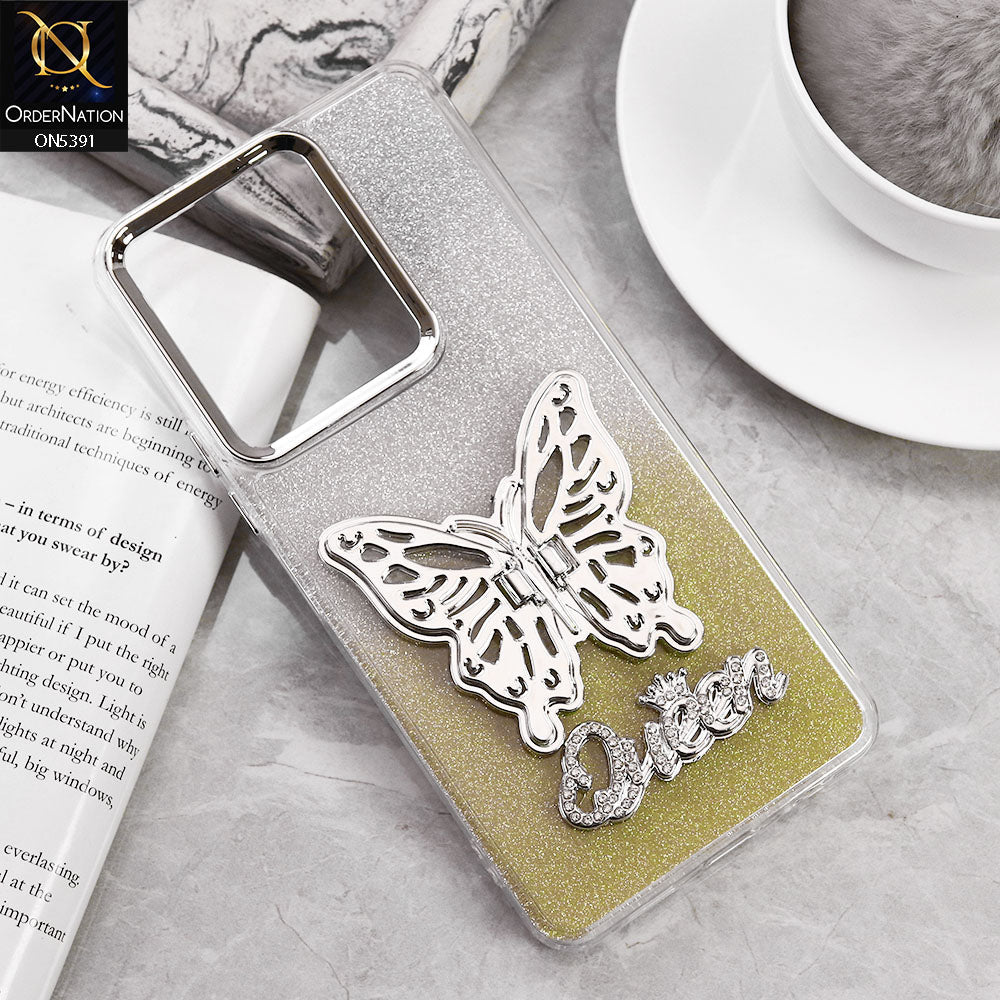 Oppo A3x 4G Cover - Golden - Trendy Queen Dual Tone Gradient Gliter Shiny Soft Case With Butterfly Kickstand Holder (Gliter Does Not Move)