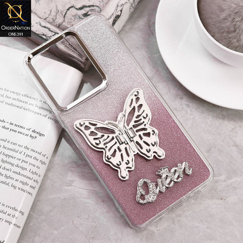 Oppo A3x 4G Cover - Pink - Trendy Queen Dual Tone Gradient Gliter Shiny Soft Case With Butterfly Kickstand Holder (Gliter Does Not Move)