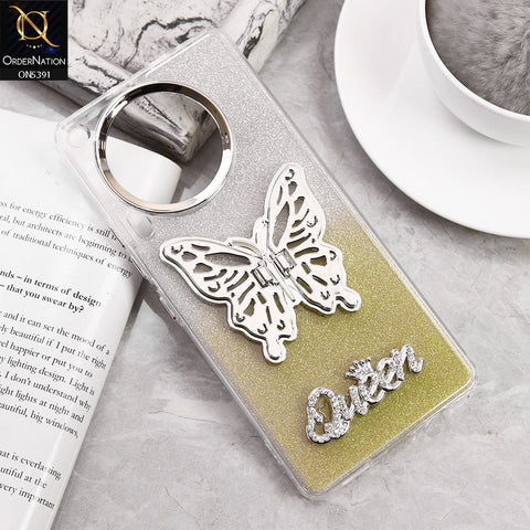 Tecno Camon 30 Cover - Golden - Trendy Queen Dual Tone Gradient Glitter Shiny Soft Case With Butterfly Kickstand Holder (Gliter Does Not Move)