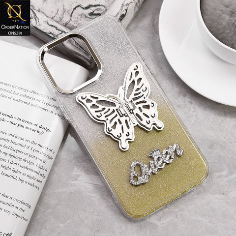 iPhone 16 Pro Max Cover - Golden - Trendy Queen Dual Tone Gradient Gliter Shiny Soft Case With Butterfly Kickstand Holder (Gliter Does Not Move)