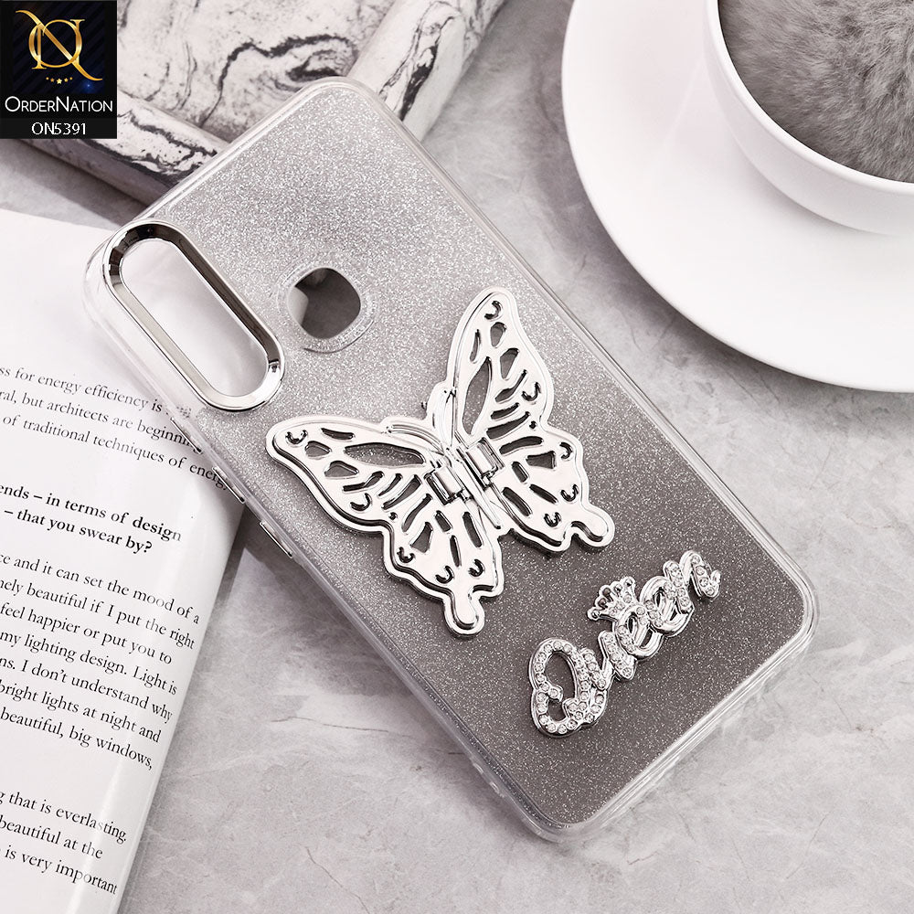 Vivo Y15 Cover - Black - Trendy Queen Dual Tone Gradient Glitter Shiny Soft Case With Butterfly Kickstand Holder (Gliter Does Not Move)