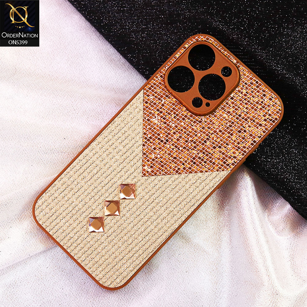 iPhone 14 Pro Max Cover - Brown - Luxury 3D Woven Pattern Shiny Soft Case With Camera Protection