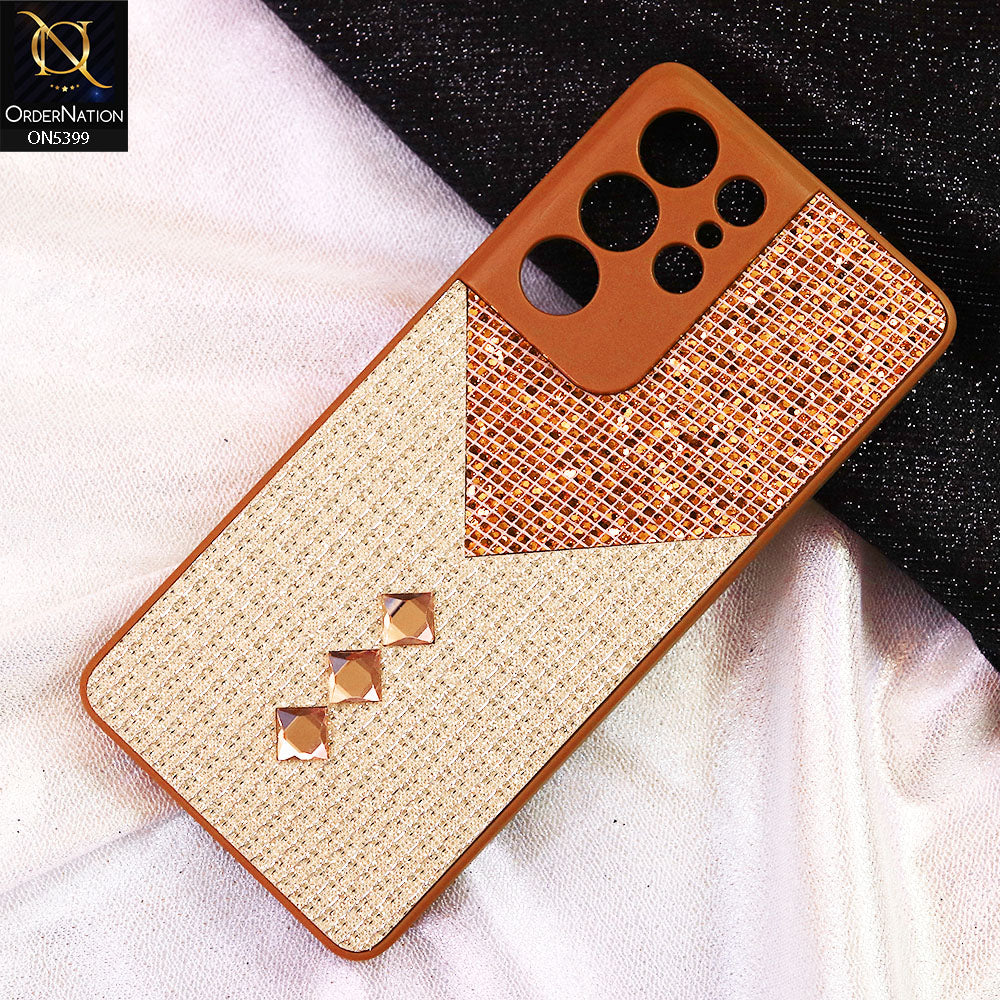 Samsung Galaxy S21 Ultra Cover - Brown - Luxury 3D Woven Pattern Shiny Soft Case With Camera Protection