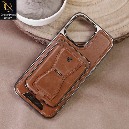 IPhone 16 Pro Max Cover - Brown - Rimbmax Premium Leather Protective Case With Portable Folding Bracket Card Holder