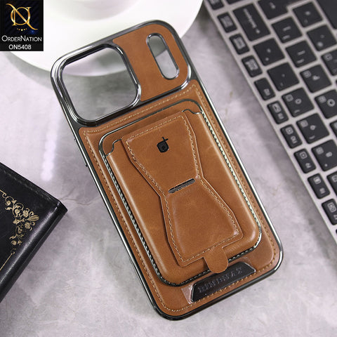 iPhone 17 Pro Max Cover - Brown - Rimbmax Premium Leather Protective Case With Portable Folding Bracket Card Holder