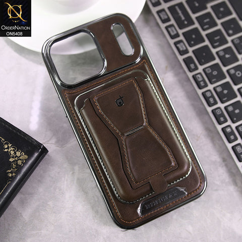iPhone 17 Pro Max Cover - Coffee - Rimbmax Premium Leather Protective Case With Portable Folding Bracket Card Holder
