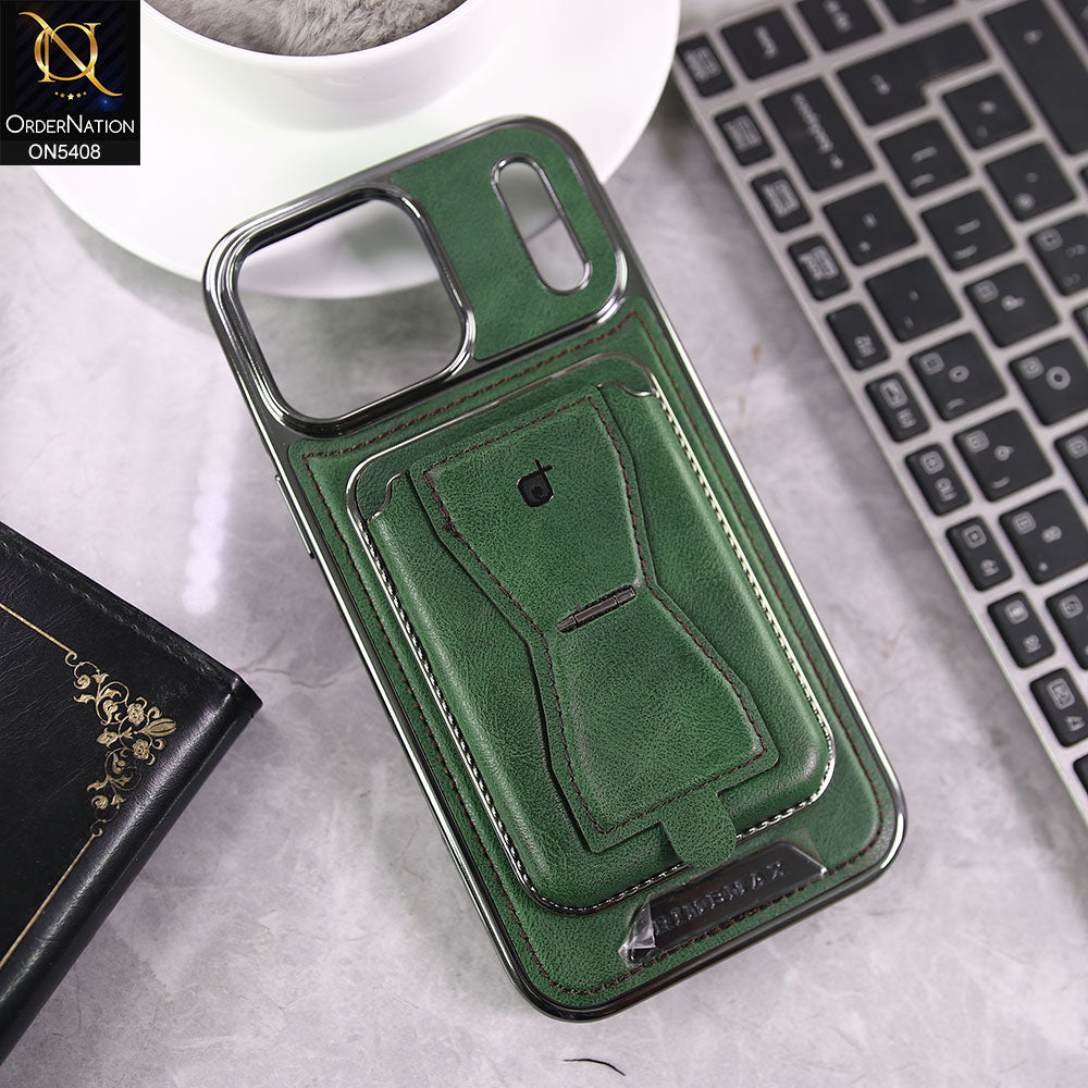 iPhone 17 Pro Max Cover - Green - Rimbmax Premium Leather Protective Case With Portable Folding Bracket Card Holder